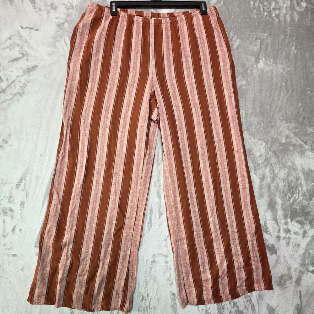 A New Day Womens XL Striped Wide Leg Linen Blend Pants Rust Brown Cream NWT
